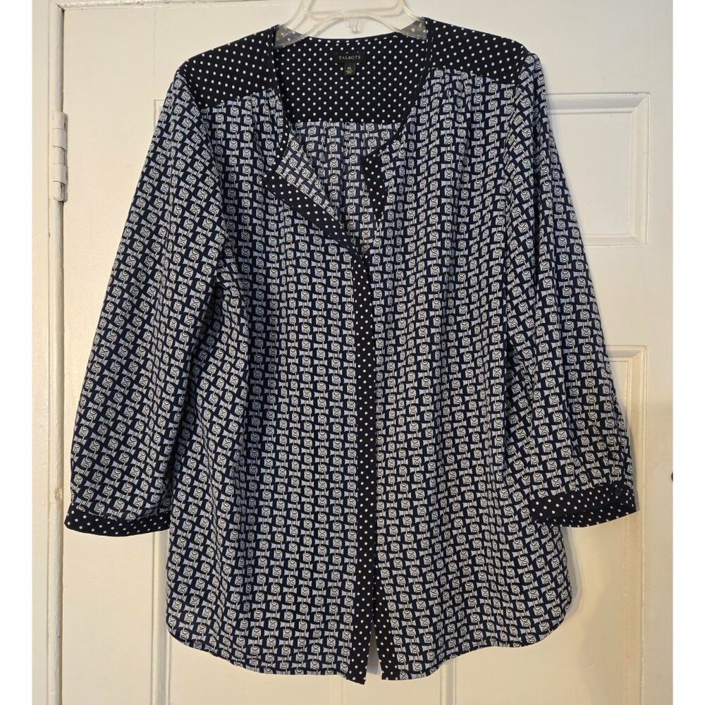 Talbots Navy and White Polka Dot and Link Pattern Blouse, Size XL